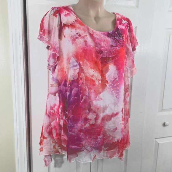 One World Live And Let Live Embellished Layered Pink Floral Blouse Pre-Owned - Picture 2 of 12